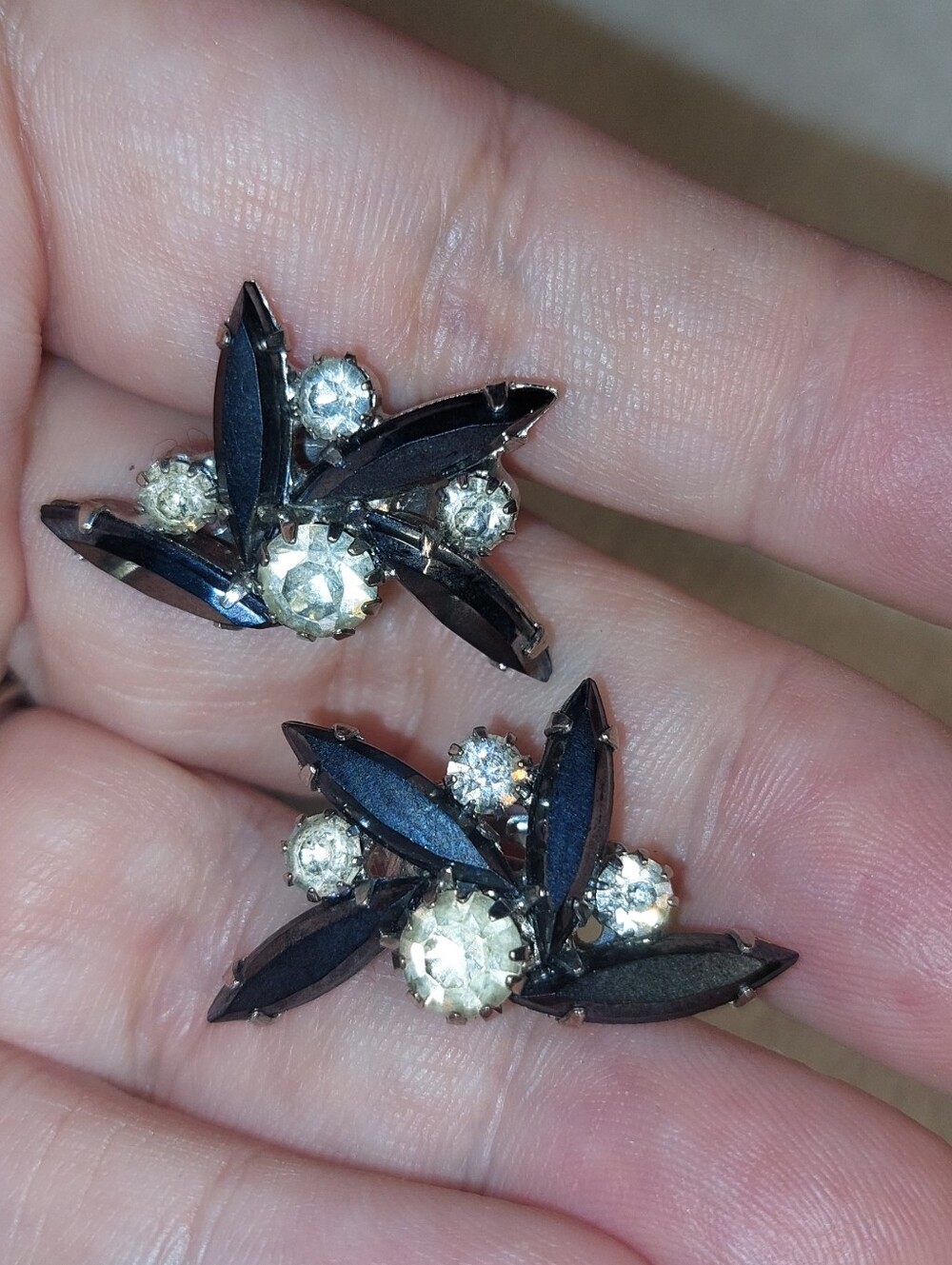 Elegant Black and Clear Crystal Floral Clip-On Earrings